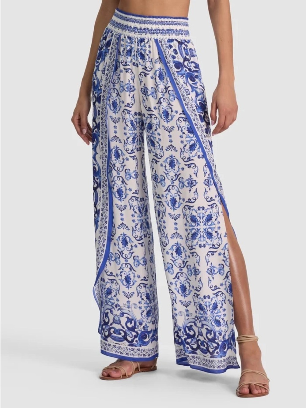 Alice + Olivia Blue and White Wide-Leg Split-Hem Pants